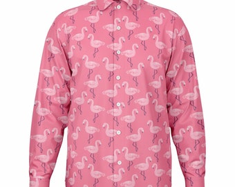 pink flamingo dress shirt Pink Flamingo Men Button Up Shirt, Tropical Short Sleeve Print Casual Buttoned Down Summer Guys Collared Dress Shirt 3XL
