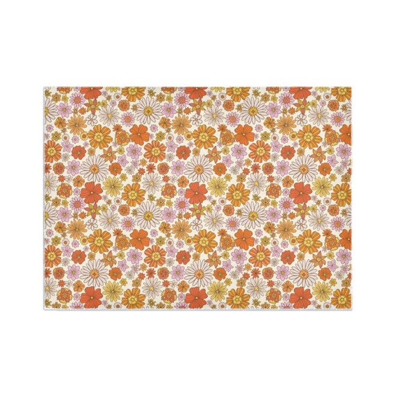Groovy Flowers Area Rug Carpet, Retro Vintage Floral 70s Orange 