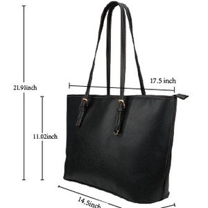 May include: Black tote bag with gold buckles and a zipper closure. The bag measures 17.5 inches wide, 14 inches long, 11.02 inches tall, and has a 21.91 inch strap drop.