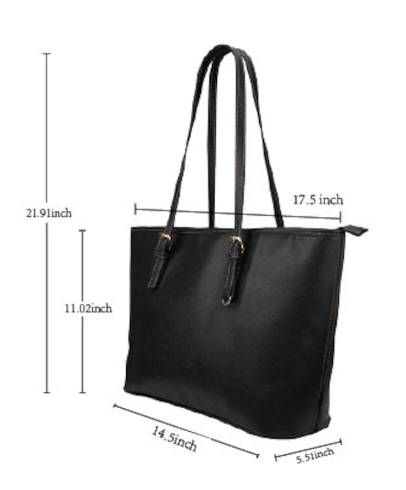 May include: Black tote bag with gold buckles and a zipper closure. The bag measures 17.5 inches wide, 14 inches long, 11.02 inches tall, and has a 21.91 inch strap drop.