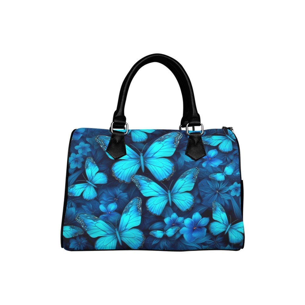Blue Butterflies Print Handbag Purse, Cute Floral Flowers Black Art Top Zipper Canvas Leather Top Handle Barrel Type Women Designer Ladies