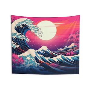 Great Wave Vaporwave Tapestry, Synthwave Japanese 80s 90s Wall Art Hanging Cool Unique Landscape Aesthetic Large Small College Dorm