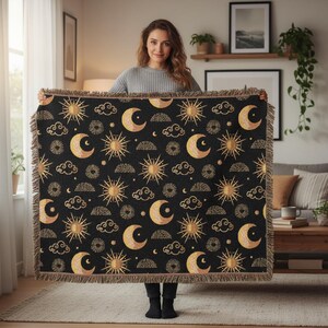 Sonne Mond gewebte Decke Tapisserie, Himmlischer Raum Boho Vintage Baumwolle Fransen gemütlich warm Erwachsene Kinder kleines großes Sofa-Bett 50x60 dekorativ