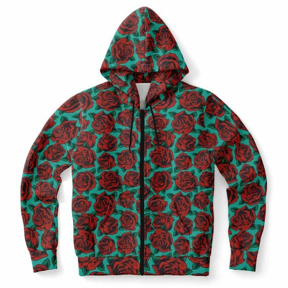 Roses Zip up Hoodie Vintage Red Flowers Front Zipper Pocket Men