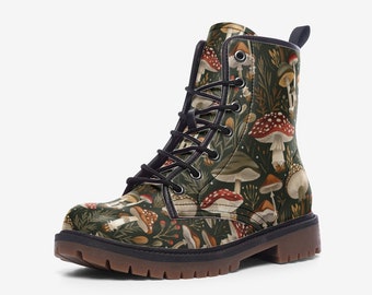 May include: Black lace-up boots with a green, brown, and red mushroom pattern.