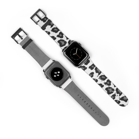 Snow Leopard Apple Watch Band, Vegan Leather Strap Black  display picture 1