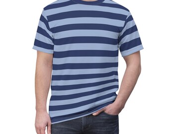 Dark and Light Blue Tshirt, Navy Striped Stripe Designer Graphic Lightweight Heavyweight Crewneck Men Women Tee Top Short Sleeve Shirt