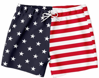 American Flag Men Swim Trunks, USA Patriotic Stars Stripes Red White Blue 4th of July Bathing Shorts Beach Surf Swimwear Male Pockets Lining
