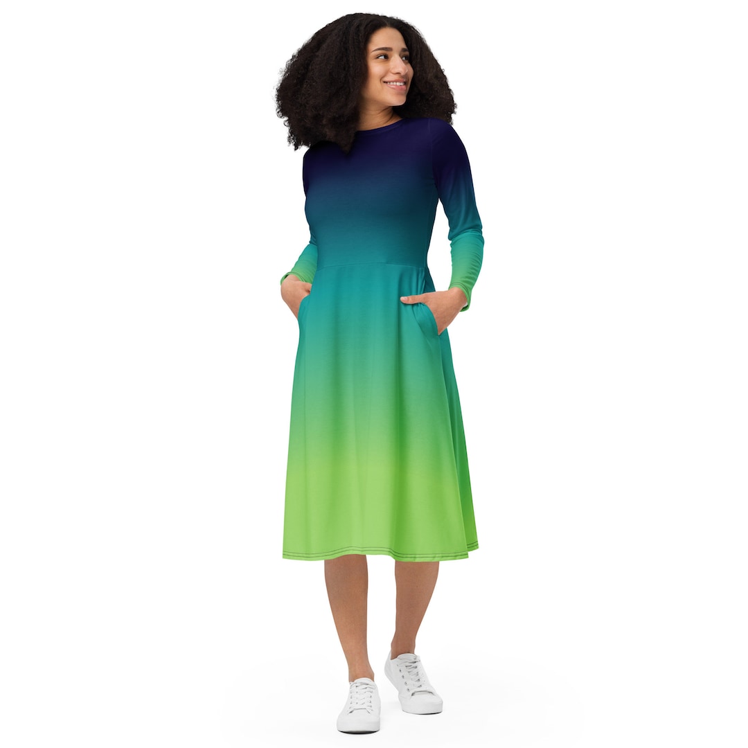 Buy Blue Green Ombre Long Sleeve Midi Dress With Pockets, Tie Dye