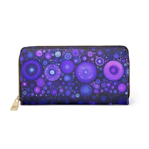 Portafoglio in pelle retrò viola da donna, vintage con motivo a pois, con cerniera vegana, con cerniera attorno alle monete, carte di credito, tasca per contanti, da donna, pochette