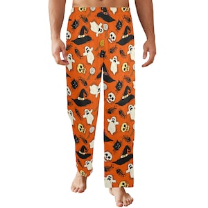 Halloween Men Pajamas Pants, Orange Pumpkin Spooky Ghost Skull Satin PJ Pockets Sleep Lounge Trousers Couples Matching Trousers Bottoms