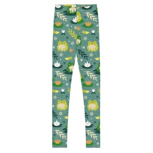 Frog Girls Leggings (8-20), Green Youth Teen Cute Printed Kids Yoga Pants Graphic Fun Tights Tween Daughter 