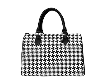 Houndstooth Top Handle Handbag, Black White Art Print Purse Canvas and Leather Barrel Type Boho Designer Accessory Bag Gift