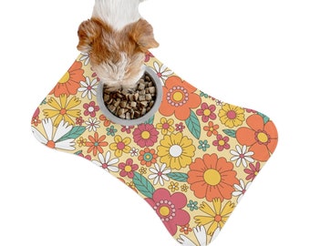 Groovy Flowers Pet Food Mat, Dog Cat 70s Floral Bowl Dish Small Large New Feeding Portable Bone Fish Placemat Lover Gift
