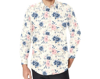 Pink Blue Floral Long Sleeve Men Button Up Shirt, White Flowers Print White Casual Buttoned Collared Designer Dress Shirt with Chest Pocket