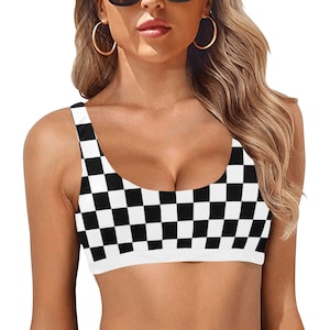 Geruite bikinitop, zwart wit dambord geruit sportbadpak plus maat gewatteerd zwempak dames badmode zwemmen dames