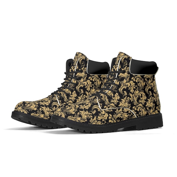 Black Gold Men Leather Boots, Baroque Luxury Vegan Lace up  display picture 1