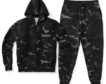 Camo Zip Hoodie Jogger Sweatsuit Set, Black Grey Camouflage Zipper Hooded Sweatshirt Sweatpants Women Men Cotton Matching Plus Size Sweats