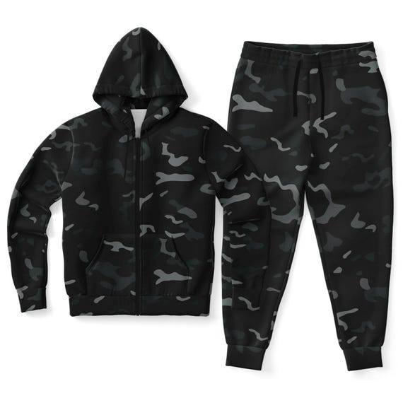 Camo Zip Hoodie Jogger Sweatsuit Set, Black Grey Camouflage Zipper