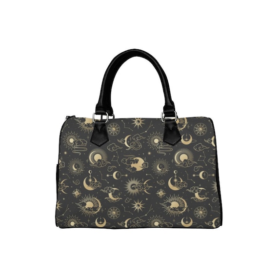Sun Moon Purse Celestial Stars Black Gold Art Print Shoulder Handbag Canvas and Leather Boston Barrel Type Boho Designer Accessory Bag Gift Etsy
