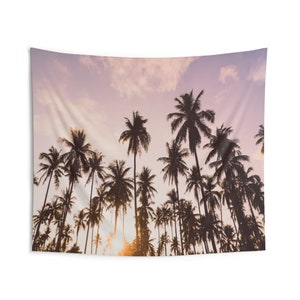 Palm Trees Tapestry, Pink Sunset Tropical Landscape Indoor Wall Art Hanging Tapestries Large Small Decor Home Dorm Room Gift