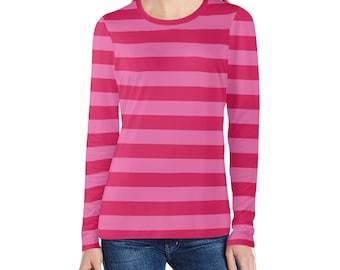 Pink and Red Striped Women Long Sleeve Tshirt, Designer Stripe Graphic Aesthetic Preppy Crew Neck Costume Ladies Female Tee Top Shirt