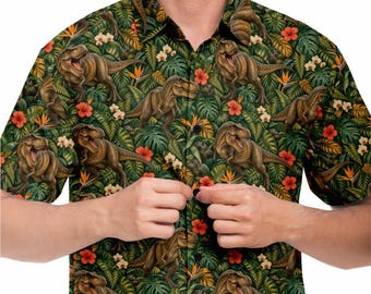 Dinosaur Men Button Up Shirt, T-Rex Dino Jungle Park Short Sleeve Print Casual Buttoned Down Summer Male Guys Collared Designer Dress copy