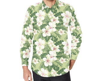 Green Hibiscus Long Sleeve Men Button Up Shirt, Hawaiian White Tropical Print Casual Dress Buttoned Collar Chest Pocket Lightweight Male