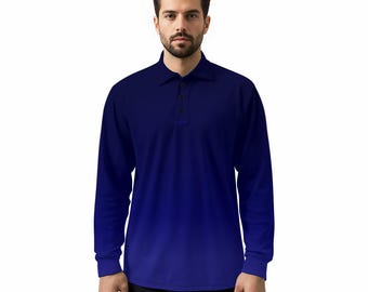 Navy Blue Ombre Men Long Sleeve Polo Shirt, Light Blue Gradient Slim Fit Sleeve Collared Shirt Casual Buttoned Down Up Sports Golf Tee Top
