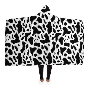 Cow Print Hooded Blanket, Black White Animal Sherpa Fleece Soft Fluffy Cozy Warm Adult Men Women Kids Large Wearable with Hood Gift