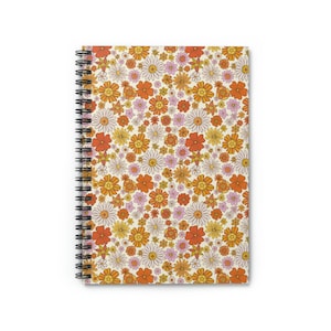 Floral Spiral Notebook, Groovy Flowers 70s Retro Cute Design Journal Traveler Notepad Ruled Line Book Paper Pad Small Aesthetic