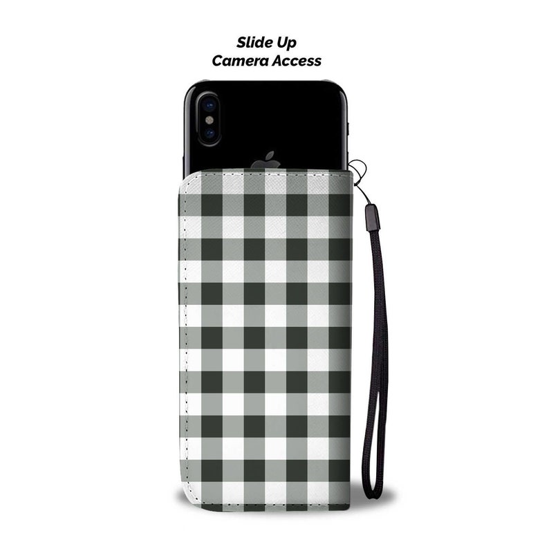 Buffalo Plaid iPhone 12 Wallet RFID Vegan Leather Wristlet Black White 11 Pro Max X 8 7 XS Google Pixel 3 2 1 Samsung Galaxy Cell Phone