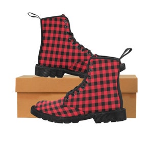 Red Buffalo Plaid Women's Boots, Black Check Lumberjack Vegan Canvas Combat Lace Up Shoes Print Army Gothic Winter Casual Ladies Designer