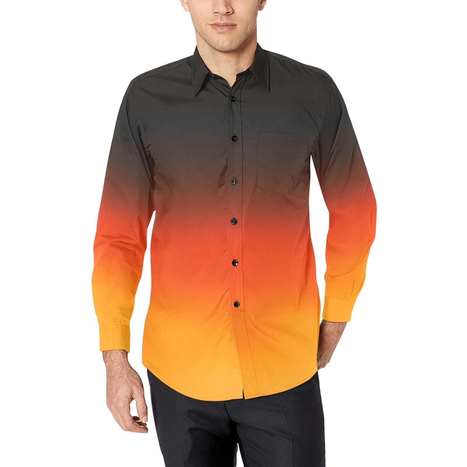 black and orange dress shirt Black Orange Ombre Long Sleeve Men Button Up Shirt, Gradient Tie Dye Two Tone Print Buttoned Collar Casual Dress Chest Pocket Plus Size