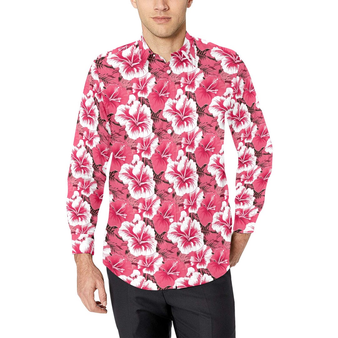 Hibiscus Long Sleeve Men Button Up Shirt, Pink Floral Flowers Tropical Print Male Guys Buttoned Down Collar Casual Dress Shirt XS