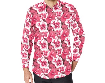Hibiscus Long Sleeve Men Button Up Shirt, Pink Floral Flowers Tropical Print Male Guys Buttoned Down Collar Casual Dress Shirt