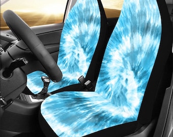 Blue Tie Dye Car Seat Covers 2 pc, Aqua Spiral Swirl Pattern Front Seat Covers, Hippie Car SUV Seat Universal Fit Protector Accessory