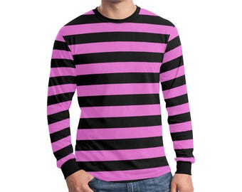 Svart och rosa randig herrlångärmad t-shirt, vintage retro randig kostymränder rund hals herr unisex dam designertröja