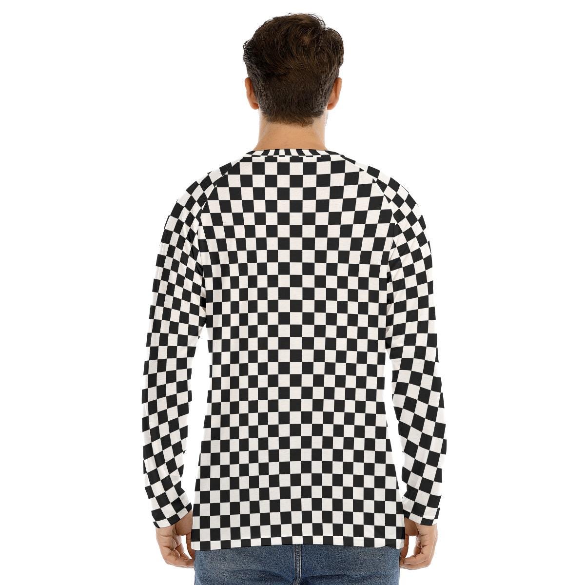 Checkered Men Long Sleeve Tshirt, Raglan Black White Racing Check