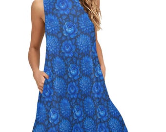 May include: A sleeveless blue floral dress with a scoop neck and pockets. The dress has a blue floral print with a dark blue background.