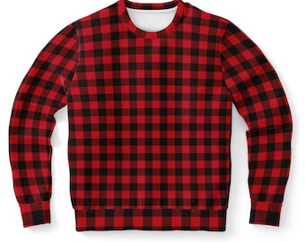 Red Buffalo Plaid Sweatshirt, Christmas Holiday Sweater Black and Red Check Checkered Gingham Cotton Crewneck Winter Top Plus Size