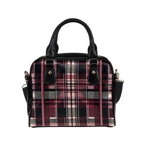 Burgund Karierte Geldbörse, Kastanienbraun Tartan Schwarz Karo Muster Niedliche Kleine Schultertasche Vegan Leder Damen Designer Handtasche Crossbody Damen