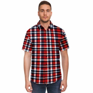 Buffalo Plaid Short Sleeve Men Button Up Shirt, Red White Blue Tartan Print Casual Buttoned Down Summer Collared Dress Shirt