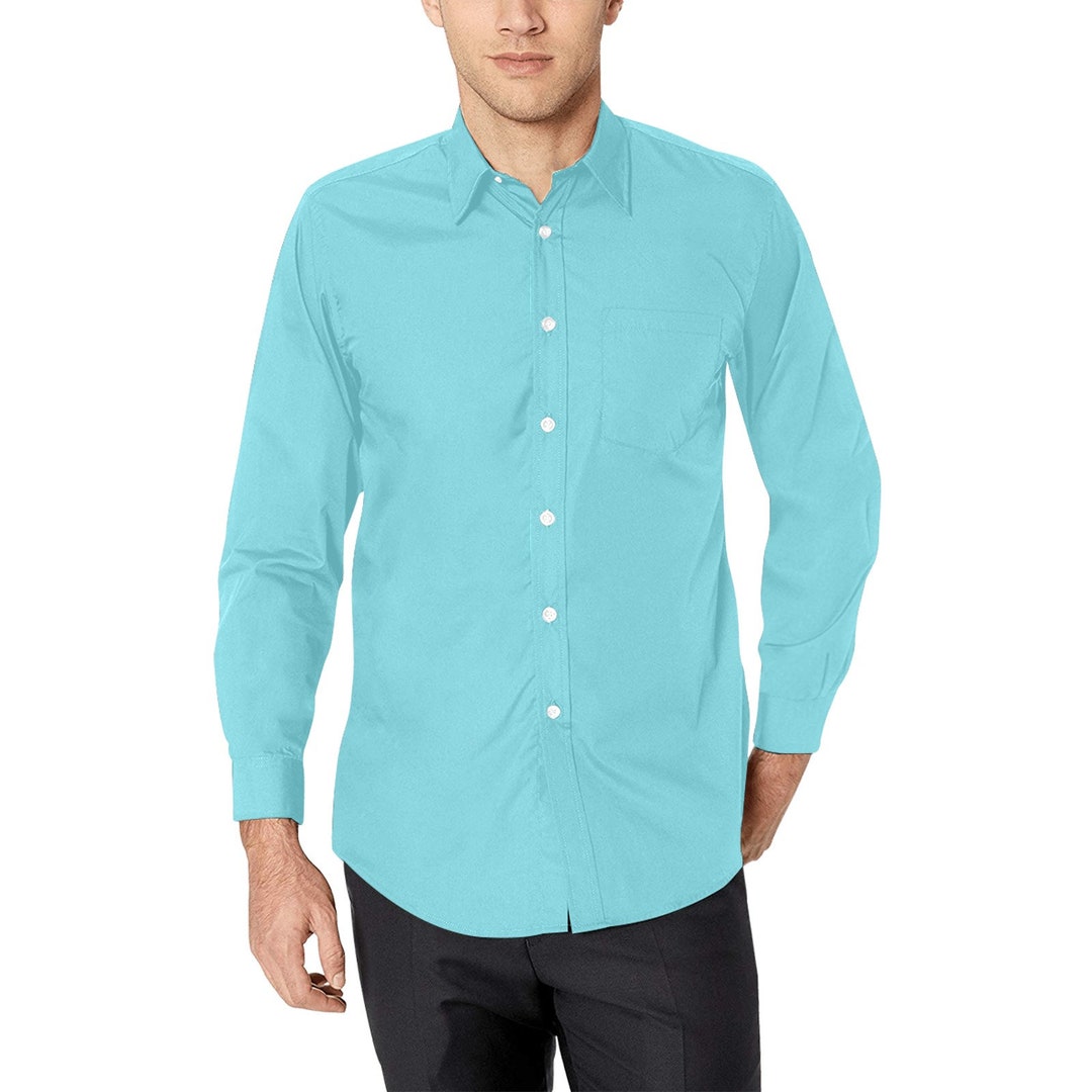 Aqua Blue Long Sleeve Men Button up Shirt, Solid Print Dress Buttoned  Collar Dress Shirt With Chest Pocket - Etsy