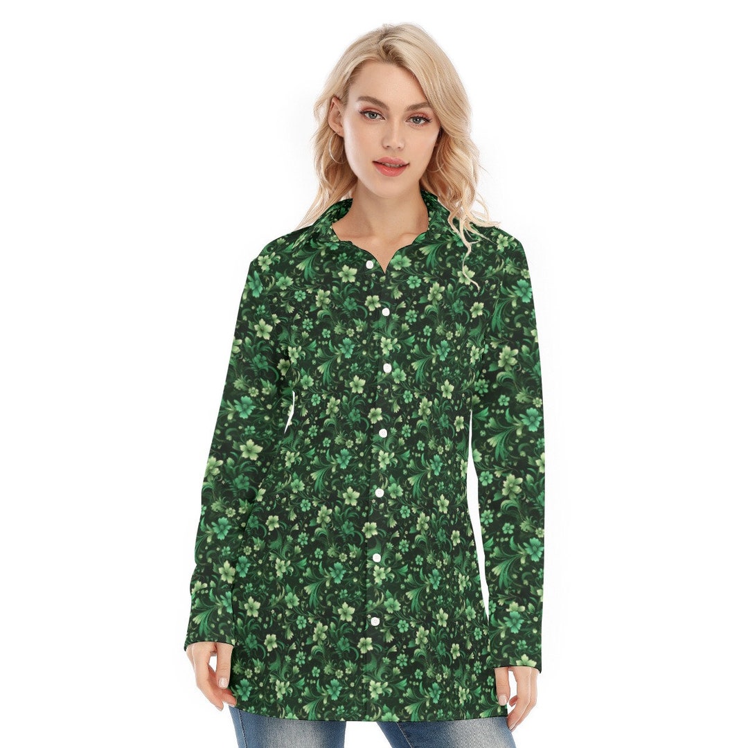Floral Embellished Button-Down Shirt with Tie Detail - Green