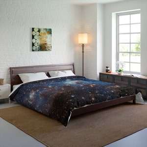 Galaxy Space Bed Comforter, Celestial Stars Constellation King Queen Twin Single Full Size Quilted Blanket Bedding Decor Bedroom
