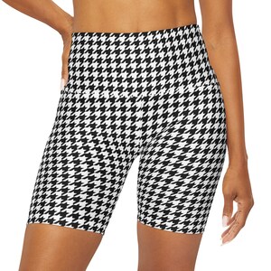 Houndstooth Women Shorts, White Black High Waisted Yoga Biker Cycling Sport Workout Gym Festival Running  Sexy Festival Spandex Bottoms