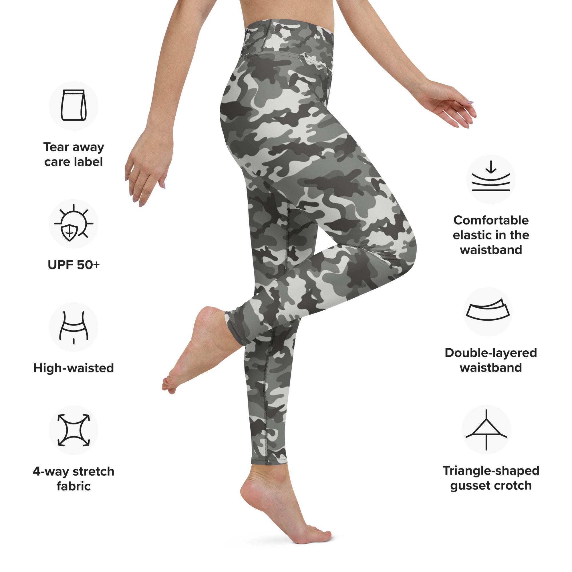 Activewear High Waisted Grey Color Camo Design Yoga Pants with