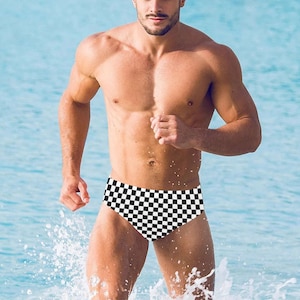 Checkered Men Swim Briefs, Black White Check Sexy 80s Swimwear Trunks Swimming Suit Swimsuit Low Rise Underwear Vintage Designer Bikini