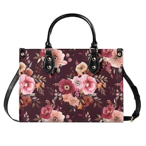 Burgundy Floral Schulter Geldbörse, Blumen rosa Vintage Crossbody Vegan Leder Top Griff Handtasche Druck kleine große Tasche Frauen Damen Designer